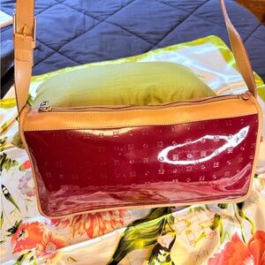 Arcadia Red Patent Leather Shoulder Bag Made in Italy Embossed Logo Zip Top